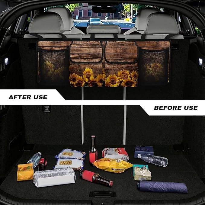 Yellow Sunflower Wood Backseat Trunk Organizer for Car Hanging Trunk Storage Bag Multipurpose Car Back Seat Organizer with Lid