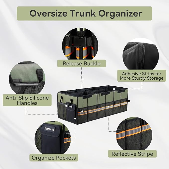 Car Trunk Organizer with Lid,Collapsible Car Storage Organizer with Multi Compartments and Securing Straps for SUV,Sedan,Jeep-Green