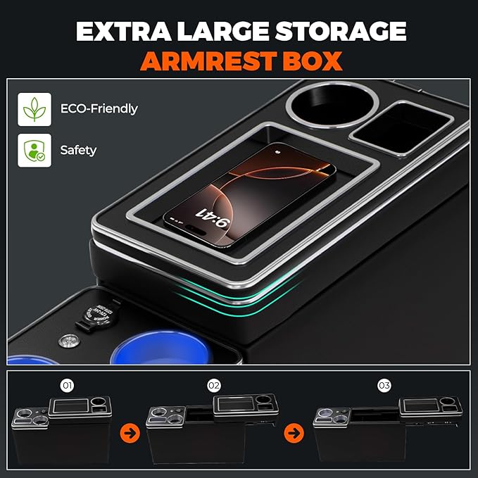Center Console Between Seat Organizer for Minivans,SUVs,with Dual USB charging at the front and back,ambient lighting and drawers for Minivan&SUVs, Middle Van Floor Console Organizer Storage Box Black