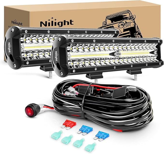 Nilight LED Light Bar 2Pcs 12 Inch 300W Triple Row Flood Spot Combo 30000LM Driving Lights with Off Road Wiring Harness Kit -2 Leads for Trucks ATV UTV SUV, 2 Years Warranty