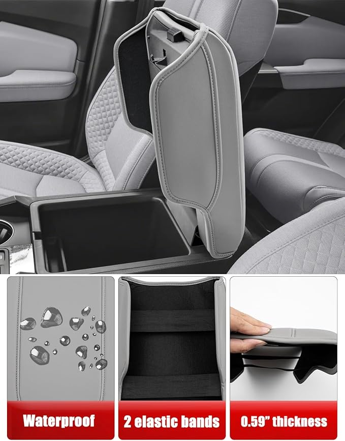 KBH Center Console Armrest Cover for Honda Pilot 2023-2026, Ridgeline 2024 2025, Passport 2024-2026, Middle Console Lid Protector, Vinyl Leather Trim with Side Pockets, Anti-Scratch, Gray