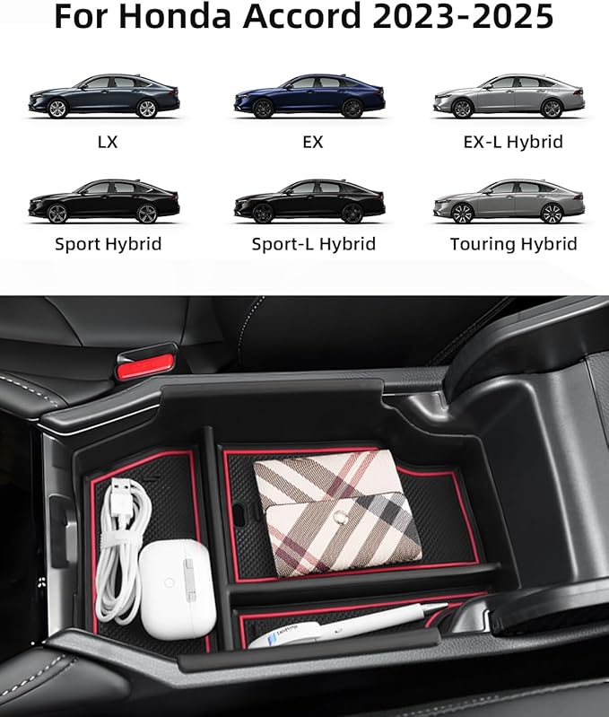 Center Console Organizer for Honda Accord 2025 2024 2023 Armrest Insert Storage Tray with Non-Slip Rubber Mat Accord Organiser Accessories, Red