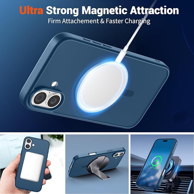 SUPFINE Magnetic for iPhone 16 Case with Screen Protector (Compatible with MagSafe) (Military Grade Drop Protection) Translucent Matte Shockproof with Anti-Fingerprint Phone Case,Deep Blue