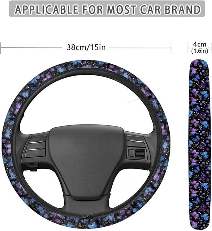 AFPANQZ Steering Wheel Protection for Automotive Steering Wheel Covers, Blue Purple Butterfly Sweat Absorption Comfort Grip for Driver Women Men