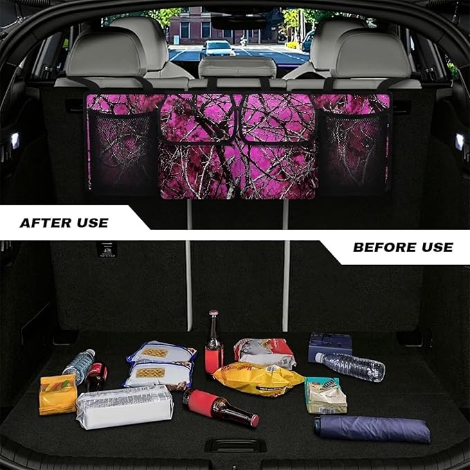 Camo Hunting Large Capacity Car Trunk Organizer, Waterproof Oxford Backseat Hanging Storage Bag with 4 Pockets, Foldable Car Organization for Car Tools, Car Accessory for SUV Truck