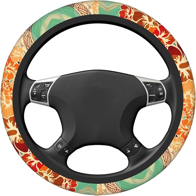 Hawaiian Island Tropical Car Steering Wheel Cover for Women Men 14-15 Inch Stretch Cloth Anti-Slip Wrap Protector Case Fit Universal Auto Accessories Decor Sweat Absorption