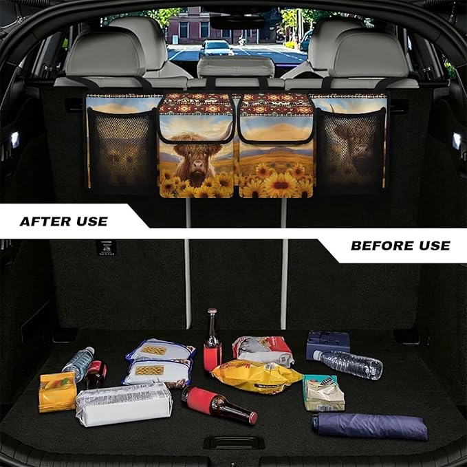 Highland Cow Sunflower Car Backseat Hanging Trunk Organizer with 4 Pockets Multipurpose Adjustable Car Organizer Bag Auto Interior Accessories
