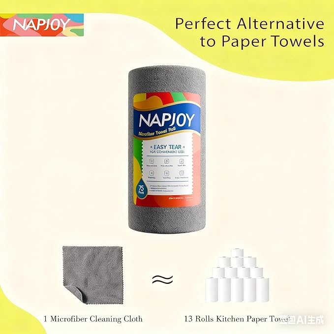 Napjoy Microfiber Cleaning Cloth Roll, 75PK Easy Tear Away Reusable Paper Towels, 12" x 12", Lint-Free and Scratch-Free with Patented Fiber Technology Microfiber Towel Roll, Grey