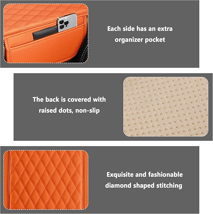 Upgraded Car Center Console Cover,Microfiber Leather Car Armrest Cover Cushion with 2 Storage Bags,Universal Car Armrest Storage Box Car Interior Accessories Fit Most Cars (Orange)