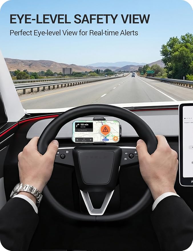 BASENOR Phone Mount for 2025 2026 Tesla Model Y Juniper/Model 3 Highland, Dashboard Phone Holder Does Not Block View [No Adhesive][Dual Arms][360° Adjustable] Tesla Accessories Fit All Smartphone