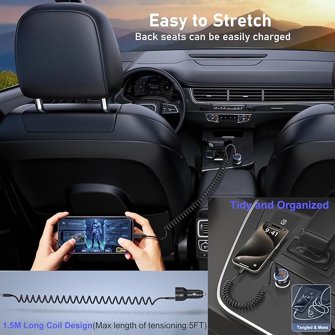 USB C Car Charger, 3 Pack 65W Multi Port Car Cigarette Lighter Adapter with 3 Pack 60W Retractable USB C Cable for iPhone 16e 16 15 Pro Max, Galaxy A16 A54 S25