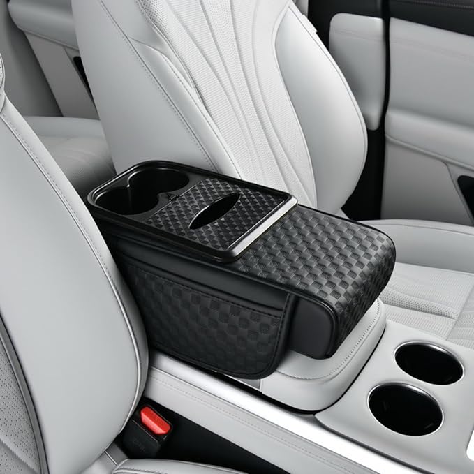 Car Center Console Armrest Pad, Arm Rest Box Cushion with Ergonomic Height Boost, Storage Pockets, Built-in Tissue Box, Cupholder, Fit for Most Sedan Vehicles (Embossing Checkerboard, Black)