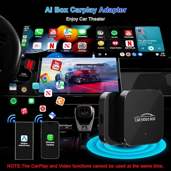 3-in-1 Wireless Carplay Adapter Support Apple CarPlay & Android Auto, Magic Video AI Box for Streaming Netflix YouTube,Upgraded Dual-Band WiFi, Converts Wired to Wireless Car Play for iPhone/Android