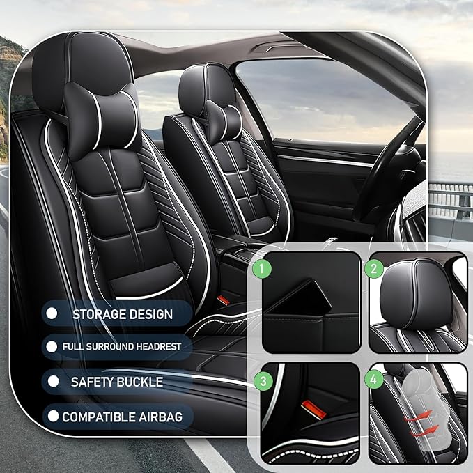 Leather Car Seat Covers Fit for Toyota Corolla Cross 2022-2024, 5 Seater Car Seat Cover, Premium Waterproof, Scratch Resistant Car Interior Accessories (Full Set with Pillow Black White)