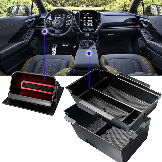 2Pack 2025 Crosstrek Center Console Organizer & Fuse Box Coin Container Storage Tray for 2024 2025 2026 Subaru Crosstrek Hybrid Armrest Storage Box Crosstrek 2025 Accessories Storage Box Double Layer