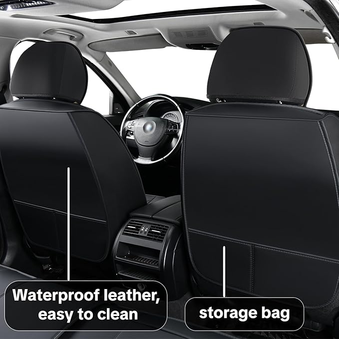 Universal Car Seat Covers, Black, Waterproof Synthetic Leather, Full Set, Non-Slip, Contoured Fit, Fits Most Vehicles, Upgraded Protection for Car Interiors, Airbag Compatible