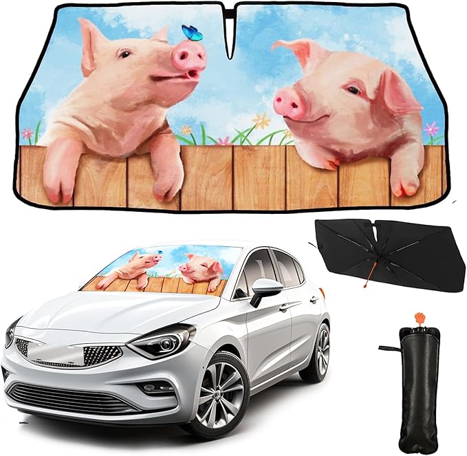 CHILL·TEK Funny Animal Car Windshield Sun Shade Umbrella, Cute Pig Car Sun Shade Umbrella, Block UV Rays Heat Foldable Windshield Umbrella Sun Visor Protector - Keep Vehicle Cool for Cars SUV