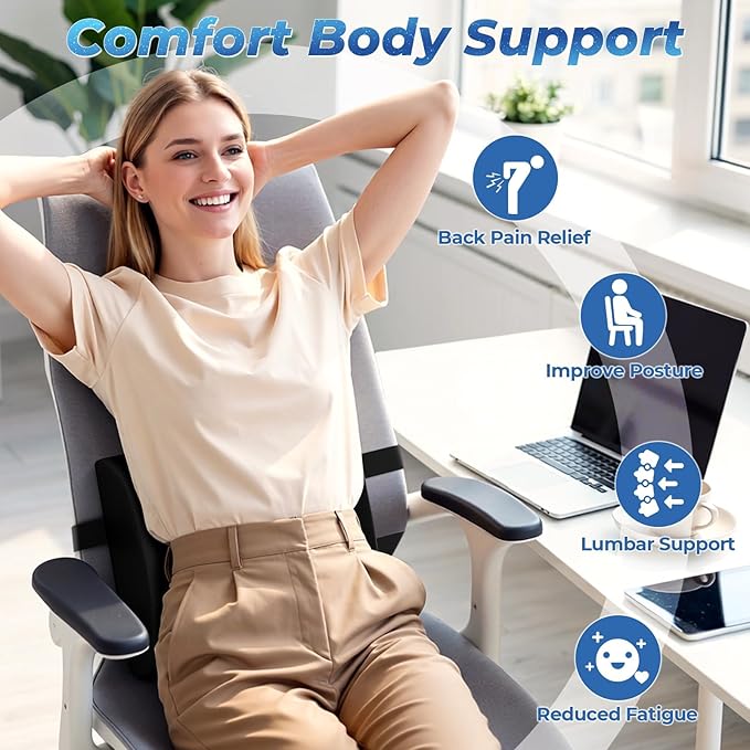 Lumbar Support Pillow for Office Chair Back Support - Memory Foam Lumbar Pillow for Car or Gaming Chair, Ergonomic Back Cushion with Adjustable Strap for Long-Hour Sitting (Black)