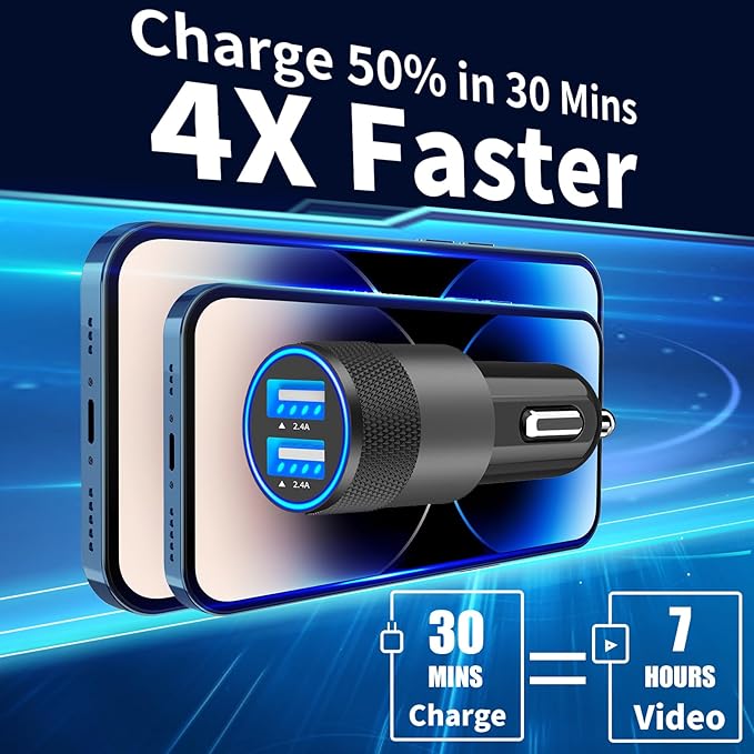 【MFi Certified】iPhone Car Charger Fast Charging, Rombica 4.8A Dual USB Smart Power Cigarette Lighter USB Car Charger with 2Pack Lightning Braided Cable for iPhone 14 13 12 11 Pro XS Mini XR X SE iPad
