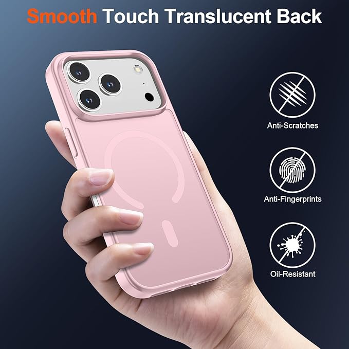SUPFINE Magnetic for iPhone 17 Pro Case with Screen Protector (Compatible with MagSafe)(Military Grade Drop Protection) Translucent Matte Shockproof with Anti-Fingerprint Phone Cover,Light Pink