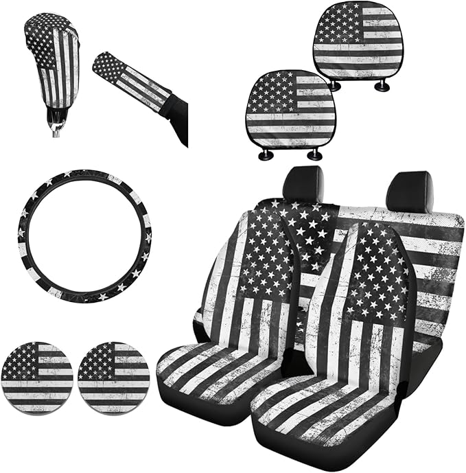 FKELYI Black American Flag Car Seat Covers - Full Set with Front, Back, Headrest, Cup Holder, Gear Shift, Handbrake, Steering Wheel Covers