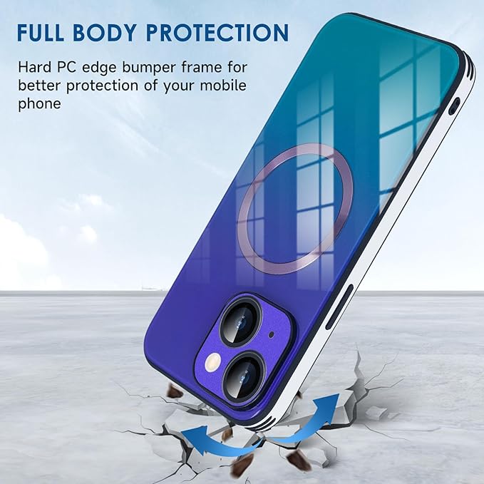 Guppy Compatible with iPhone 15 Plus Case Magnetic, with Full Camera Lens Protector [Compatible with MagSafe] Scratch Resistant Gradient Glass Back Cover Phone Case-Purple