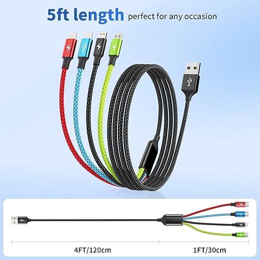Cruise Essentials 2026 4 in 1 Multi Charging Cable [2Pack 5FT], Tangle Free USB C Car Charger Cable Nylon Braided with 2 USB-C/IP/Micro, Travel Charging Cords for iPhone Android iPad and More