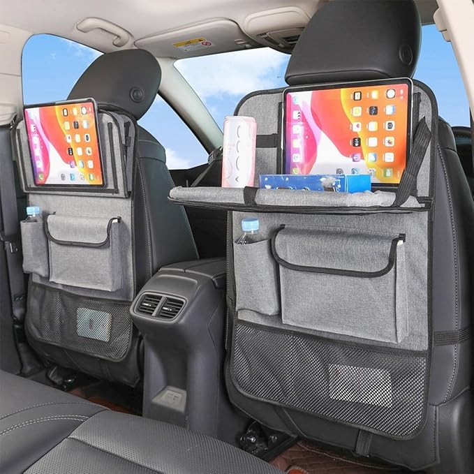 Car Backseat Organizer with Foldable Table Tray, 6 Storage Pocket Vehicle Seat Back Protector Kick Mat with Touch Screen Phone Holder, Auto Seat Organizer for Travel, Universal Fit (Grey)