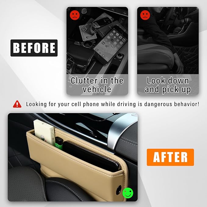 Ziciner Car Seat Gap Organizer, Premium Leather Auto Seat Storage Box, Vehicle Adjustable Front Seat Gap Filler, Car Seat Side Pocket Organizer for Phones, Glasses, Keys, Money, Cards (Beige)
