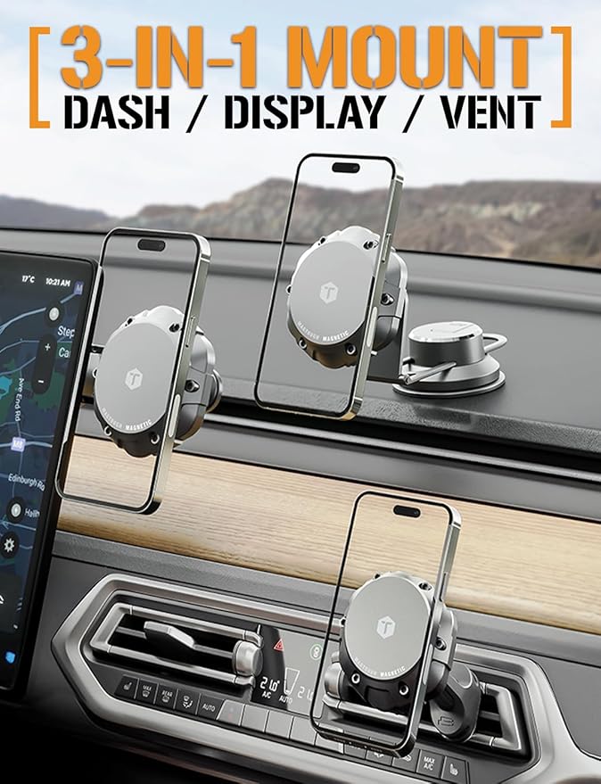 ToughTested MagTough 3-in-1 MagSafe Car Mount - Heavy Duty Magnetic Phone Holder for Truck, Dashboard, Windshield & Vent - 360 Rotation Foldable Support Legs - Universal Fit for iPhone & Android