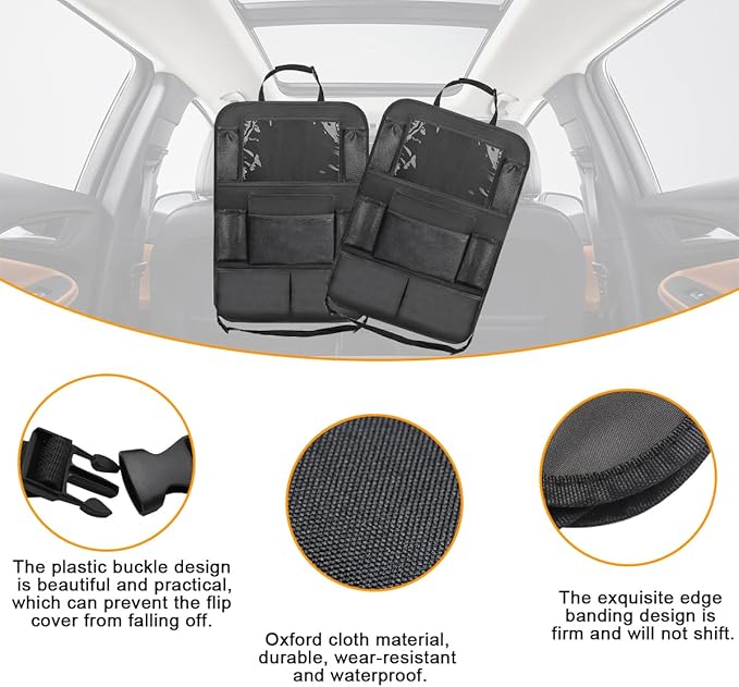 2PCS Car Seat Back Organizer, Waterproof Vehicle Storage Bag with Touch Screen Tablet Holder & 9 Pockets, Auto Kick Mats Back Seat Protector for Kids, Universal Travel Accessories (Gray/Large)