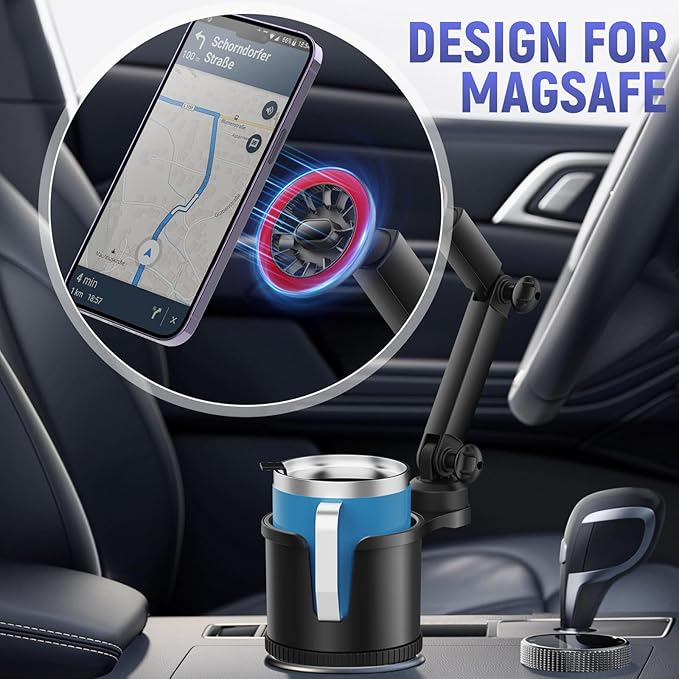 Car Cup Holder with Magnetic Phone Holder, 360° Rotating Cup Holder Phone Holder for Car Truck SUV, Magnet Cup Holder Expander for iPhone Samsung, N52 Magnets Phone Holder for Car