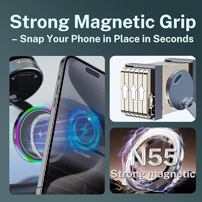 15W Fast for MagSafe Car Mount Charger with Breathing RGB Light, 360 Adjustable Vacuum Magnetic Phone Holder for Your Car Dash, Nano Gel Suction Cup Phone Mount for iPhone 12-17 Pro Max