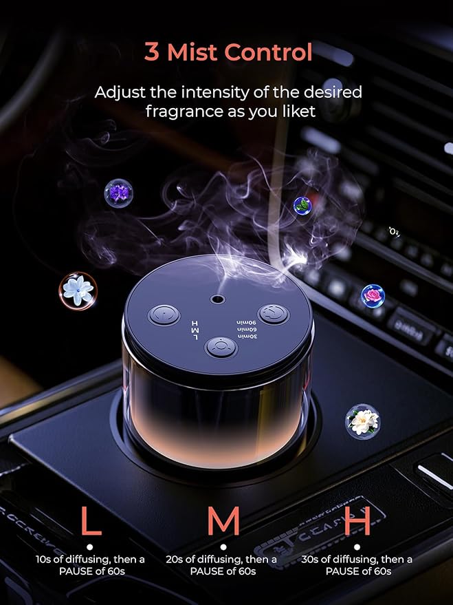 Battery Operated Waterless Diffuser – Portable Scent Machine for Car, Office & Bedroom, Ultrasonic Aroma Mist with 9 Color LED Light, Mini Essential Oil Diffuser Purple Black