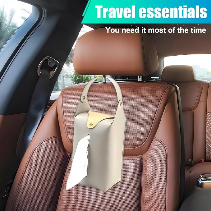 Car Tissue Holder, Large Car Headrest Hanging Tissue Box Cover, PU Leather Auto Napkin Holder, Universal Vehicle Backseat Paper Organizer for Cars Sun Visor (Grey)