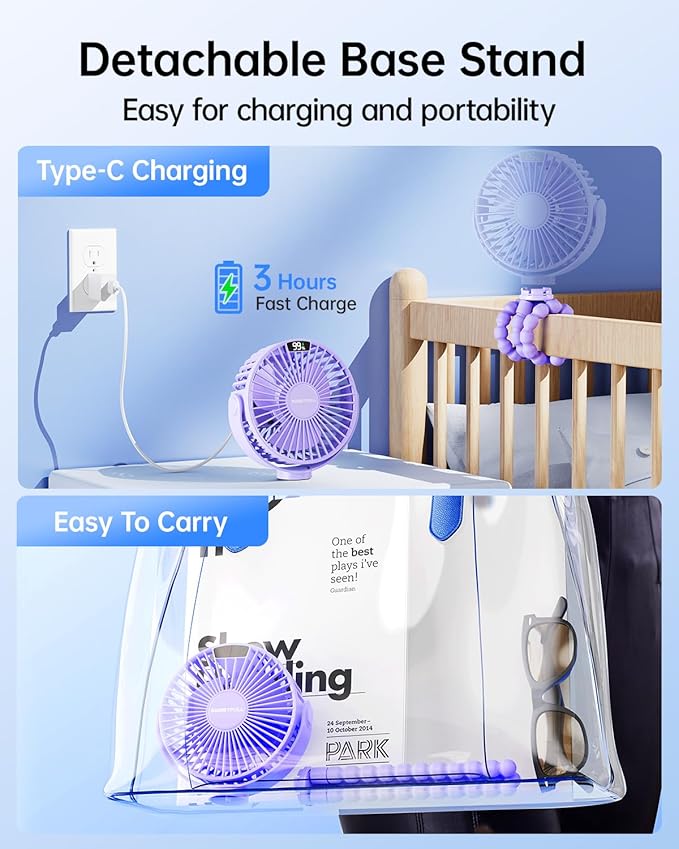 SWEETFULL Portable Stroller Fan with LED Display, 4 Speed Rechargeable Mini Clip On Fan, 360° Rotate Flexible Tripod Better Cooling Small Baby Fan for Car Seat Crib Travel Bike Treadmill (Purple)