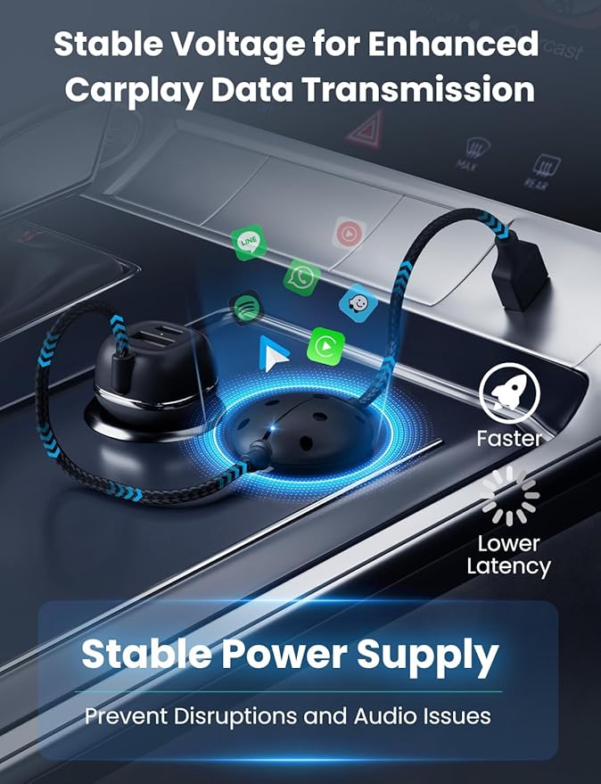 All-in-One Wireless Carplay & Android Auto Adapter with Fast Car Charger - 3 in 1 Cable for Stable Voltage, Enhanced Carplay/Android Auto Data. 48W, Dual USB C & A Ports