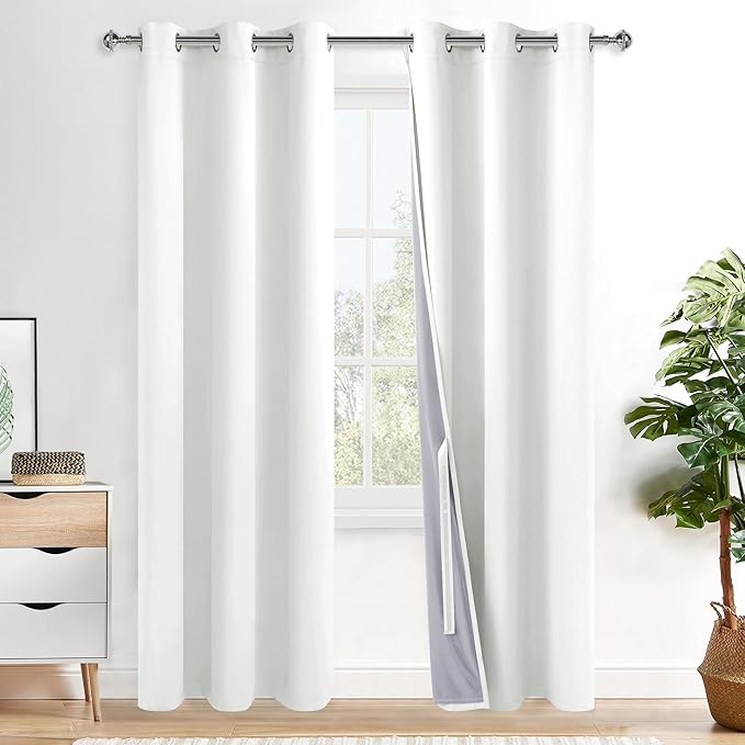 XWZO 100% Blackout Window Curtains - Thermal Insulated Black Liner Grommet Window Treatment Sewn with Tiebacks for Bedroom/Living Room/Nursery, Ivory, W42 x L84, Set of 2 Panels