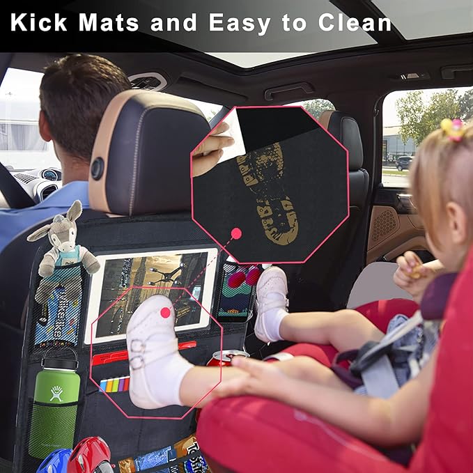 Ecurfu Backseat Car Organizer with 10 Compartments, 10 Inch Tablet Holder, Waterproof Storage Bag for Kids Cars - 600D Oxford Fabric, Black (1PC)