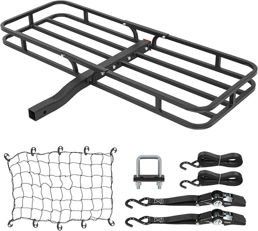WEIZE 53 x 19 x 4-1/8 Inch Hitch Cargo Carrier, 500 lbs Capacity Steel Hitch Cargo Rack Basket with Net, Strap, Tightener for Car SUV Truck Traveling Camping, 2" Receiver