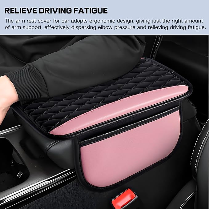 Leather Car Center Console Cover,Upgraded Center Console Cushion Pad with Side Pockets,Patchwork Arm Rest Cover for Car,Waterproof Armrest Seat Box Covers,Universal for Most Vehicles (Pink)