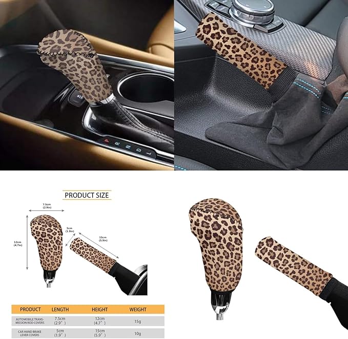 Leopard Print Car Steering Wheel Cover 6pcs Brown Cute Car Accessories Handbrake Cover Cup Coaster Suit for Most Cars Truck Vans SUV