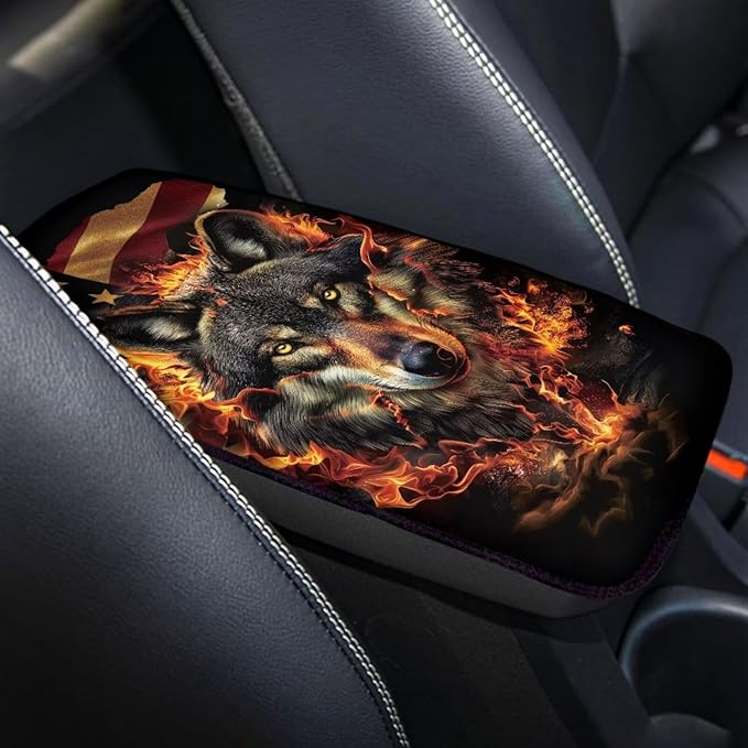 American Flag Car Center Console Cover Wolf Car Armrest Cover Soft Comfortable Armrest Cover for Car Center Console Universal Fit Most Car,SUV,Trucks Car Deco Accessories