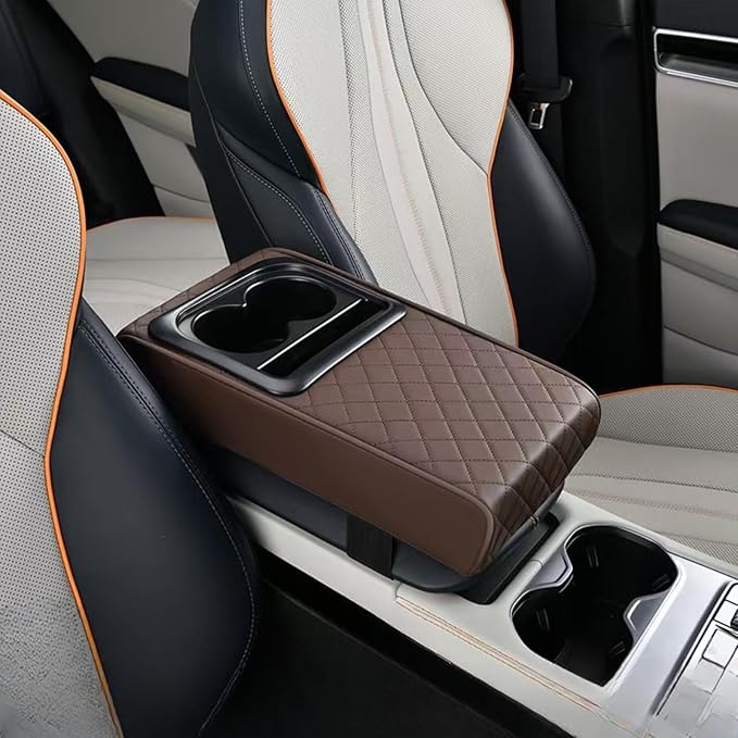 Center Console Booster Cover Car Armrest Box Pad Leather Arm Rest Cushion with Cup Holder Mobile Phone Storage Armrest Protection Pad for Car (Grid Coffee, 13.58 * 8.07 * 2.95 inch)