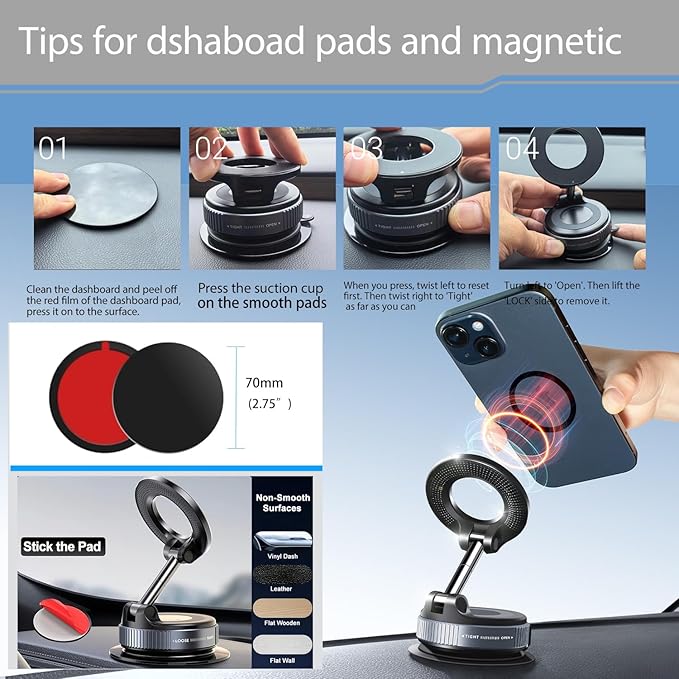 ILKCC Vacuum Suction Magnetic Phone Holder, 2025 Upgraded Vacuum Suction Cup Mount for Magsafe, 360° Adjustable Foldable Portable Magnetic Car Phone Stand for Cars/Gyms/Mirrors/Smooth Surface (Black)