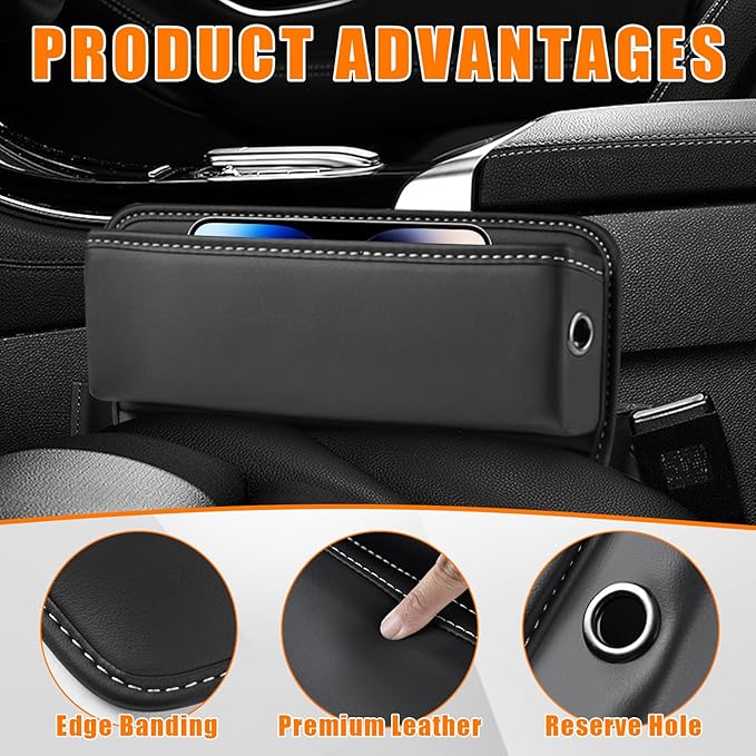 Ziciner Car Seat Gap Organizer, Premium Leather Auto Seat Storage Box, Vehicle Adjustable Front Seat Gap Filler, Car Seat Side Pocket Organizer for Phones, Glasses, Keys, Money, Cards (Black)