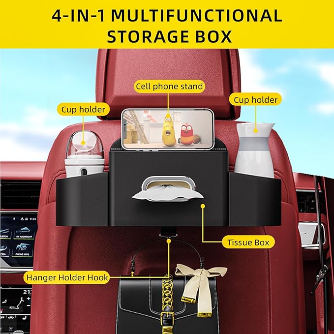 Back Seat Car Organizer with one Towel Leather wood materials Car Back Seat Storage Box 2 Drink Cup Holder Tissue Box for Hold Phone Drinks Handbag Compatible with Most Vehicles (Black)