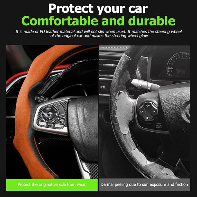 Mandark Car Steering Wheel Cover, Suede Sport Vehicle Steer Wheel Protector Fitting 15 Inch, Non-Slip Comfortable Automotive Interior Decoration Accessories, Universal for Most Cars (Orange)