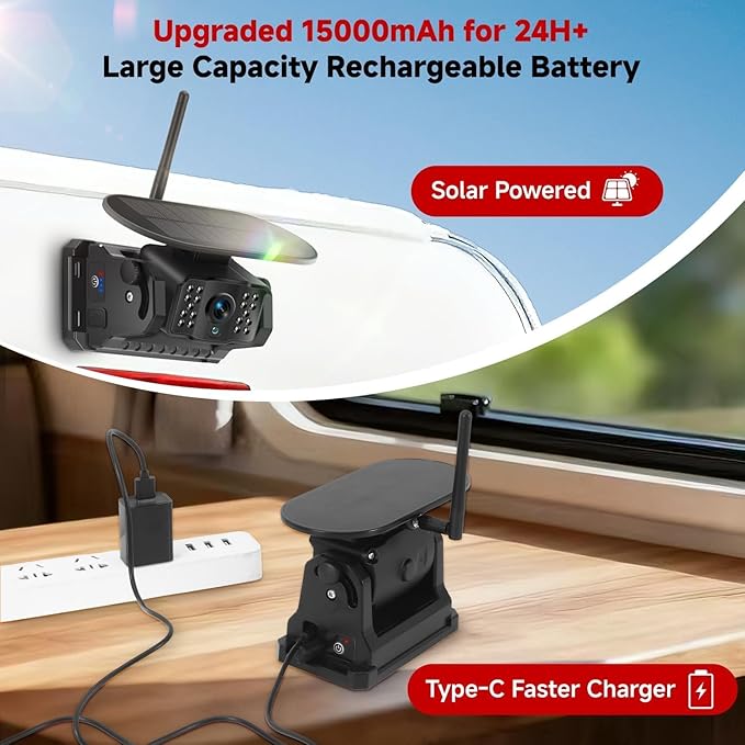 Dual Wireless Magnetic Backup Camera for Trailer - 7” 1080P HD 4CH Monitor with Solar 15000mAh Rechargeable Night Vision Rear Camera, DVR Loop Recording Waterproof No Delay for Truck,RV,Camper
