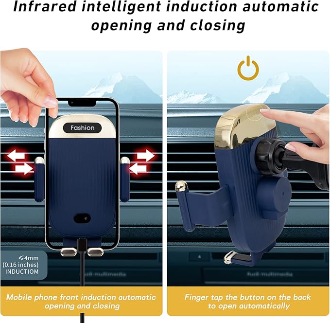Wireless Car Charger Mount,15W Qi Fast Charger, Wireless Car Charger Smart Sensor Air Vent, Automatic Clamping Phone Holder for iPhone 13/12/11//XS/XR/8, Samsung S22/S21/S20/Note 20, etc (Blue)